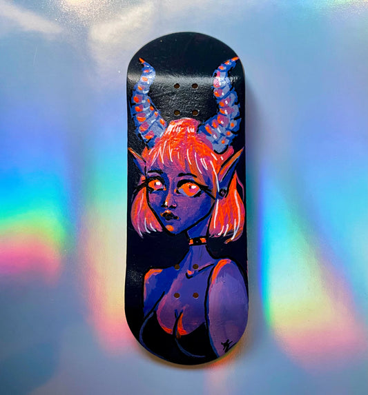 Demon Girl fingerboard deck, unique handpainted engraved pro fingerskateboard 34mm x 98mm